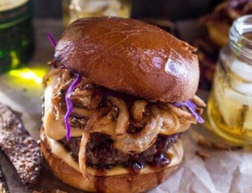 Whisky Blue Cheese Burger with Guinness Cheese Sauce + Crispy Onions